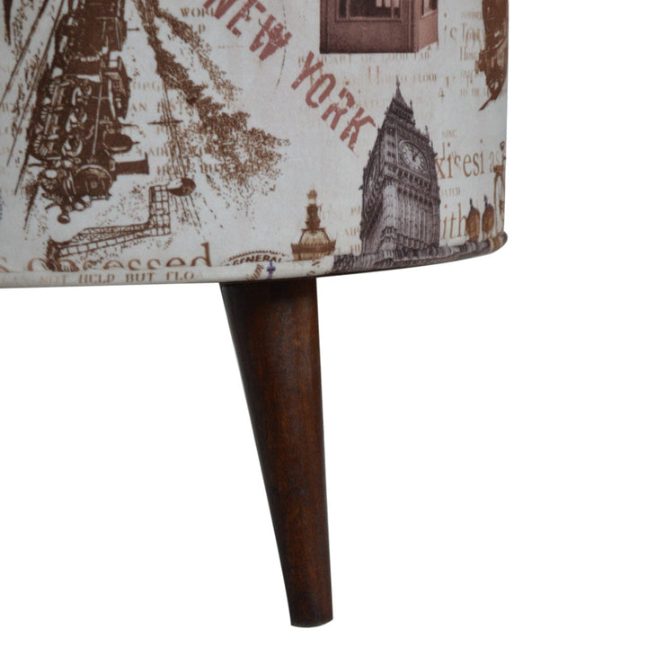 IN1271 - City Print Footstool - Solid Mango Wood Accent Stool for Living Room - product view 4 showing handcrafted solid...