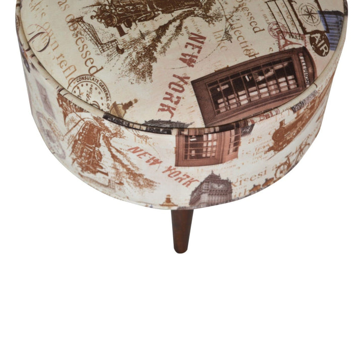 IN1271 - City Print Footstool - Solid Mango Wood Accent Stool for Living Room - product view 2 showing handcrafted solid...