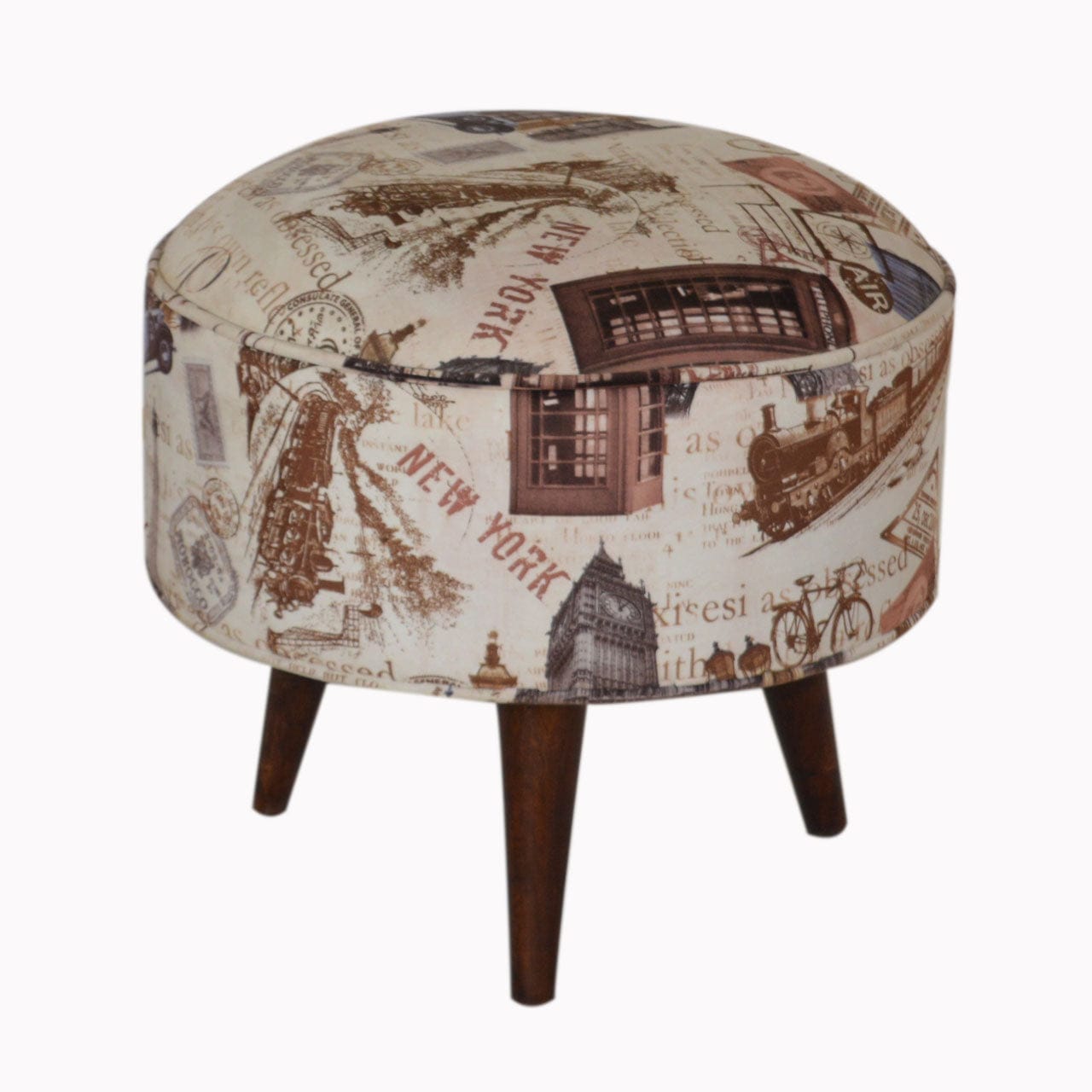 IN1271 - City Print Footstool - Solid Mango Wood Accent Stool for Living Room - main view showing handcrafted solid mango...