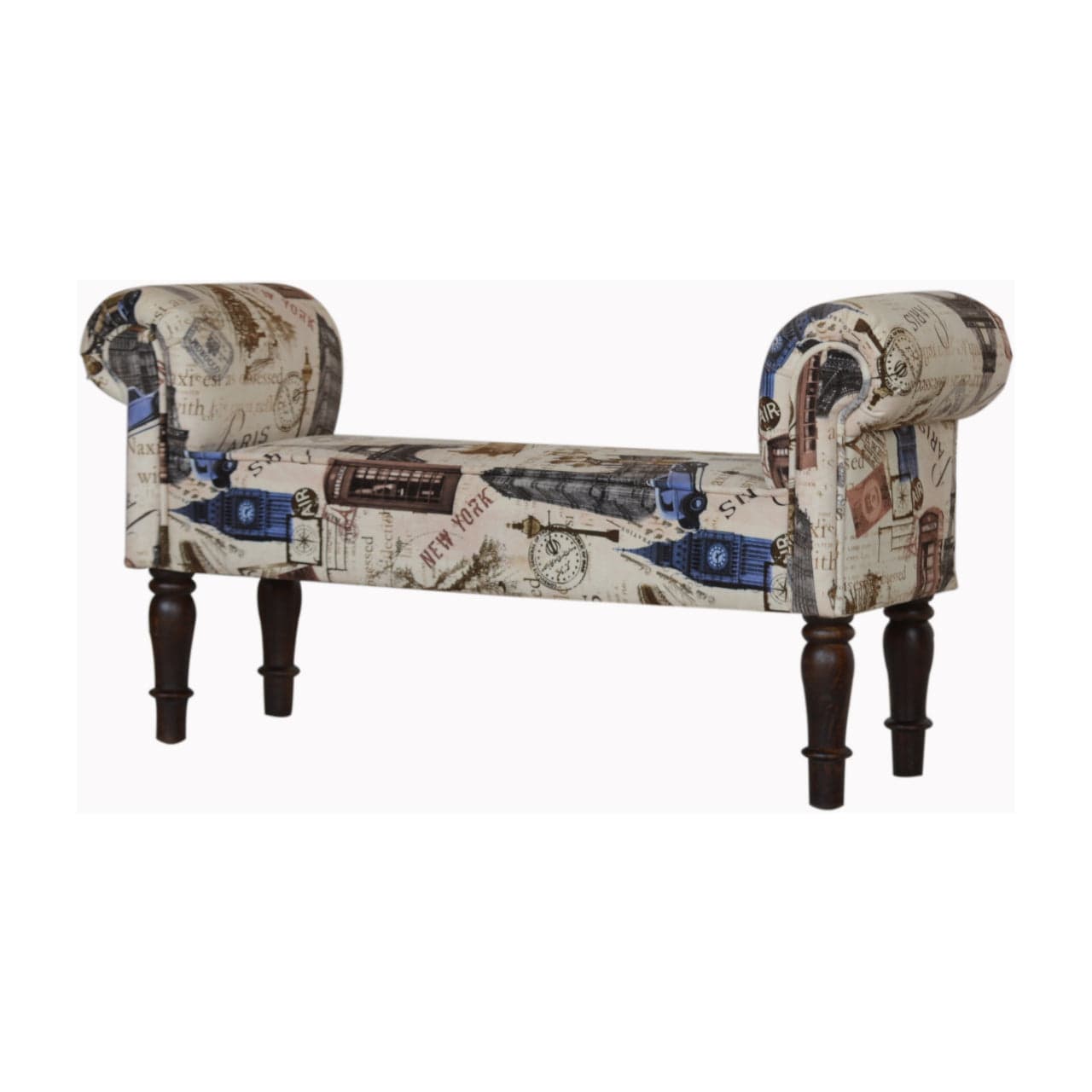IN1275 - City Printed Bedroom Bench - Solid Mango Wood Seating Furniture for Entryway - product view 2 showing...