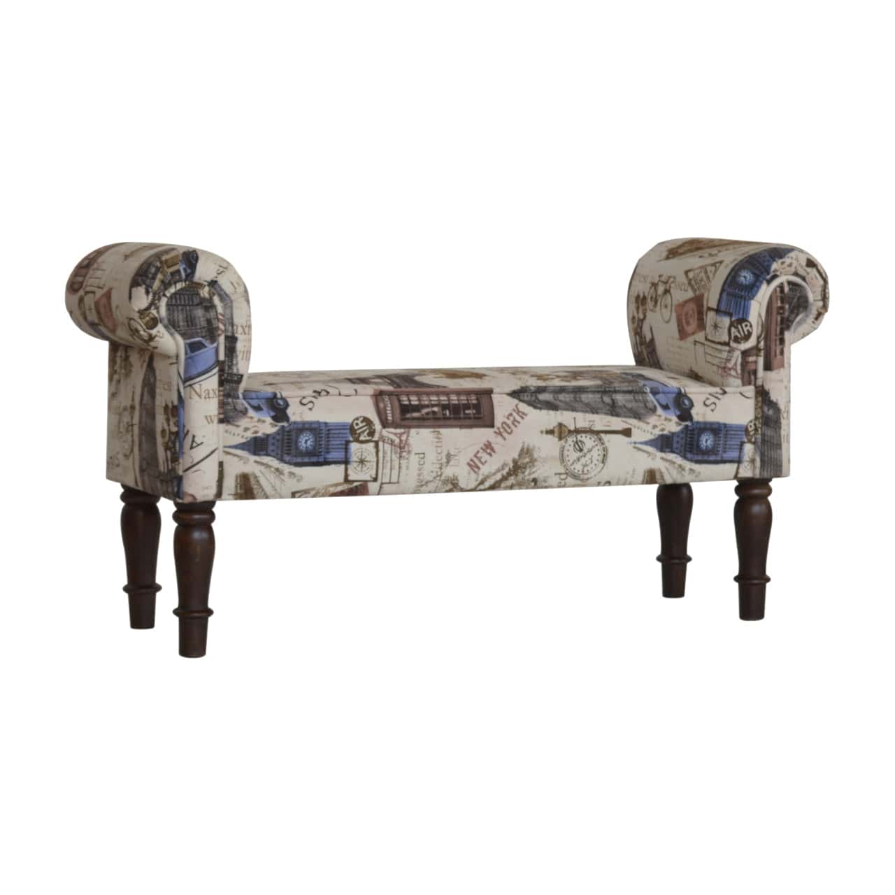 IN1275 - City Printed Bedroom Bench - Solid Mango Wood Seating Furniture for Entryway - main view showing handcrafted...