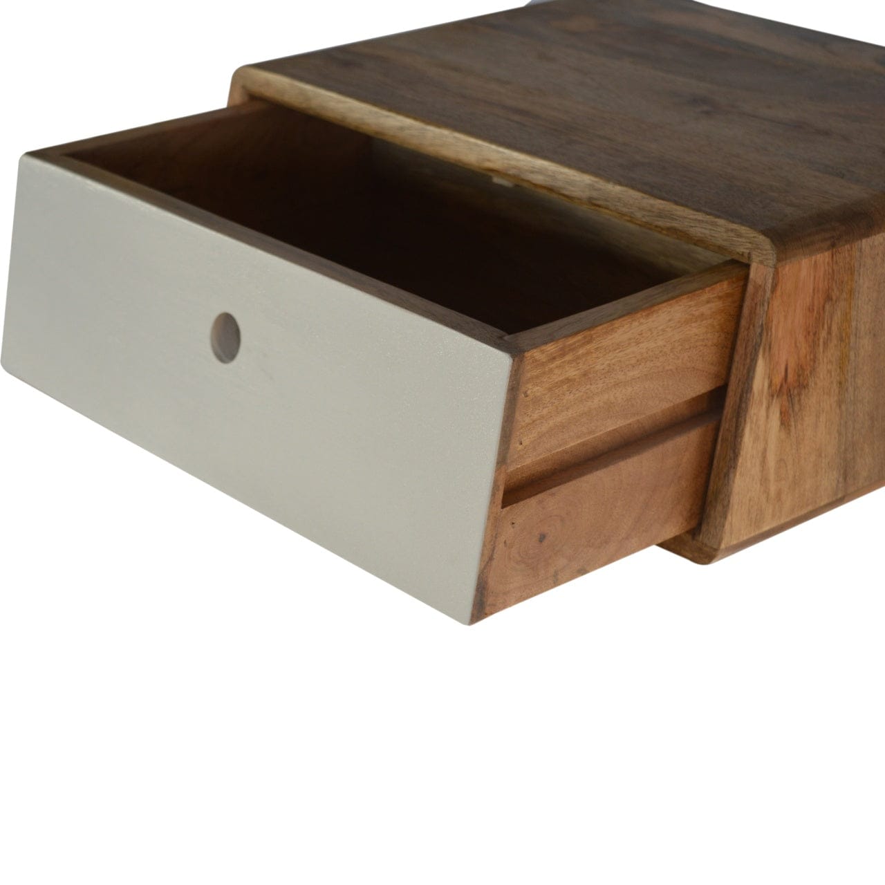Inclined Floating Nightstand - Solid Mango Wood Bedside Table for Bedroom - product view 3 showing handcrafted solid...