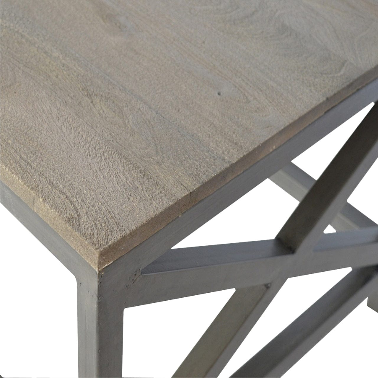 Industrial Cross Metal Oatmeal Coffee Table - Solid Mango Wood Center Table for Living Room - product view 4 showing...