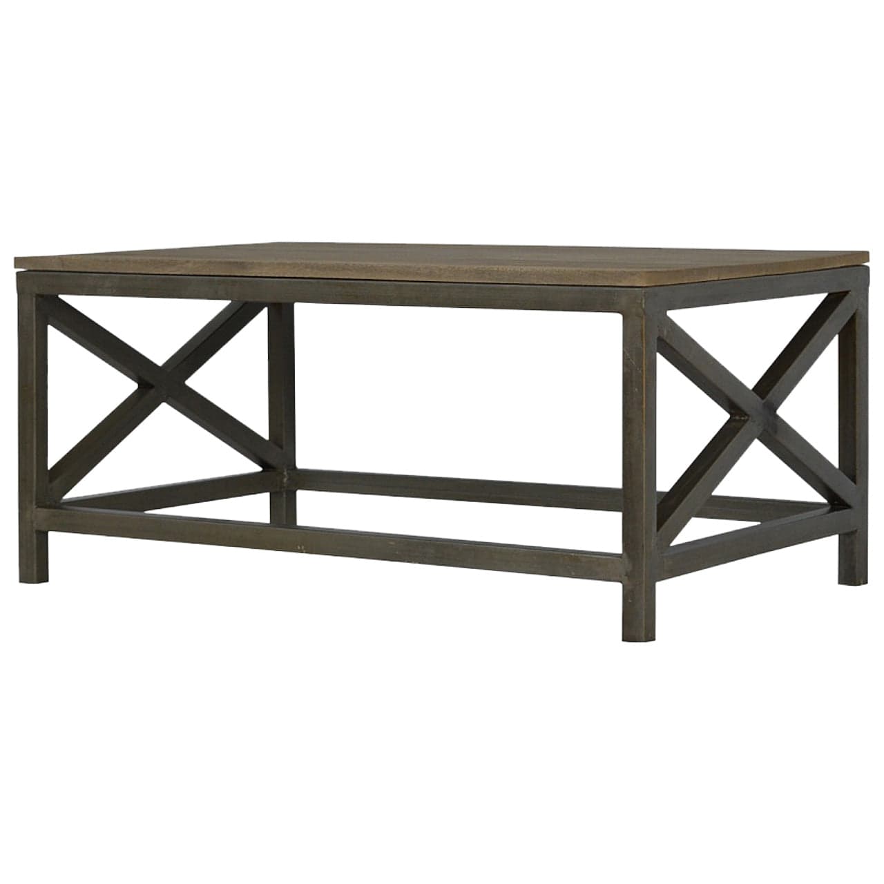 Industrial Cross Metal Oatmeal Coffee Table - Solid Mango Wood Center Table for Living Room - product view 3 showing...