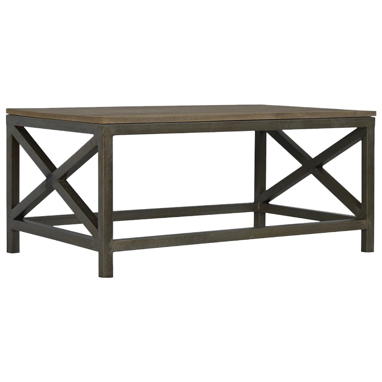 Industrial Cross Metal Oatmeal Coffee Table - Solid Mango Wood Center Table for Living Room - product view 2 showing...