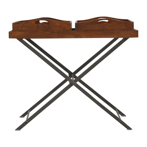 Industrial Metal Butler Tray in Solid Mango Wood - product view 8 showing handcrafted solid mango wood furniture