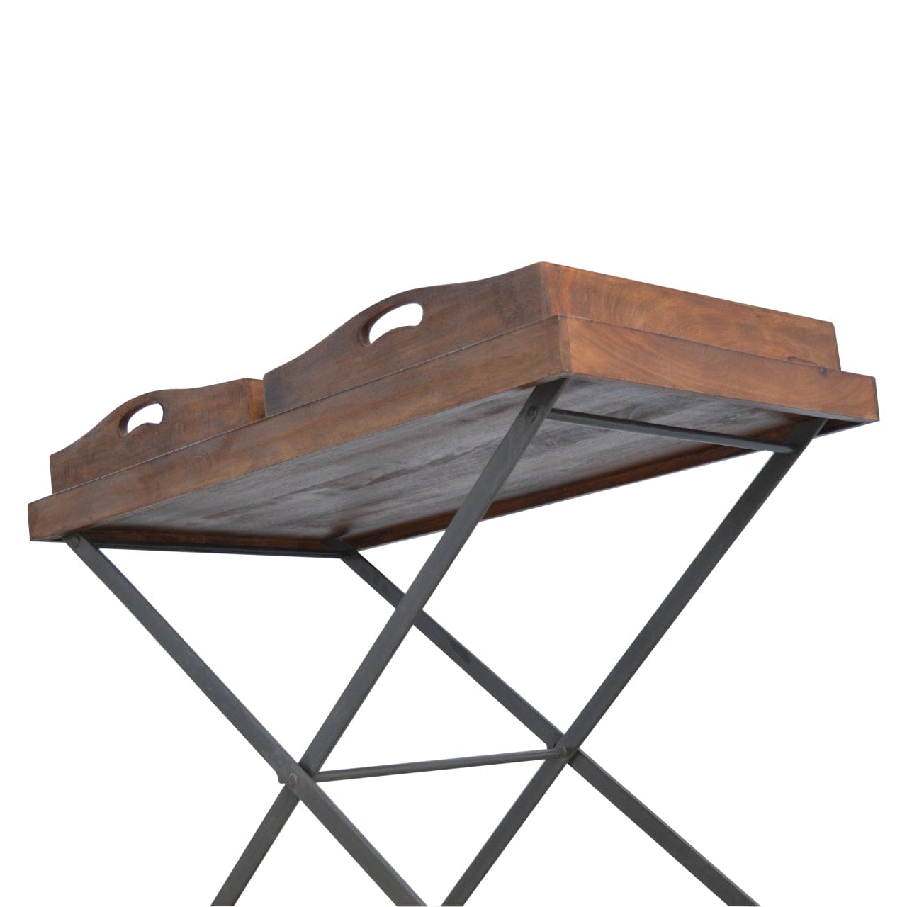 Industrial Metal Butler Tray in Solid Mango Wood - product view 6 showing handcrafted solid mango wood furniture