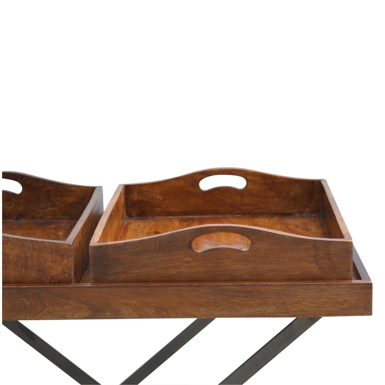 Industrial Metal Butler Tray in Solid Mango Wood - product view 4 showing handcrafted solid mango wood furniture