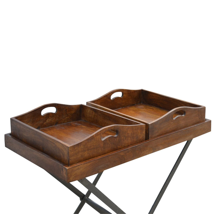 Industrial Metal Butler Tray in Solid Mango Wood - product view 3 showing handcrafted solid mango wood furniture