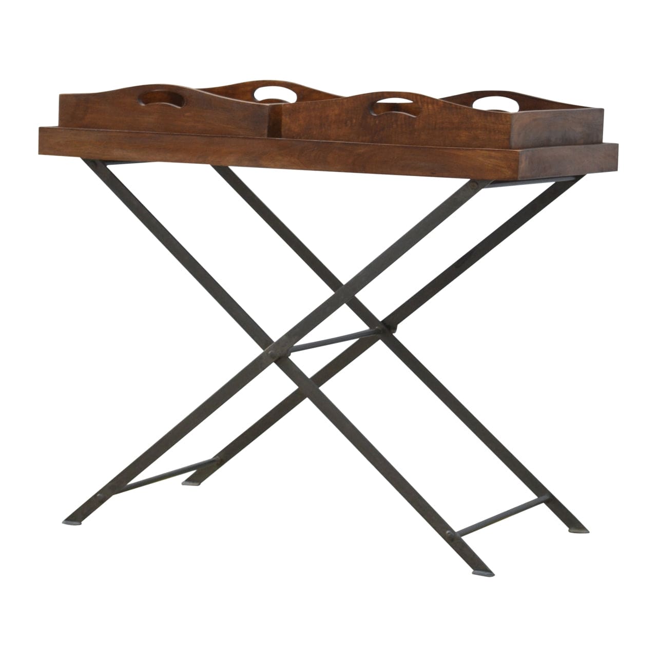 Industrial Metal Butler Tray in Solid Mango Wood - product view 2 showing handcrafted solid mango wood furniture