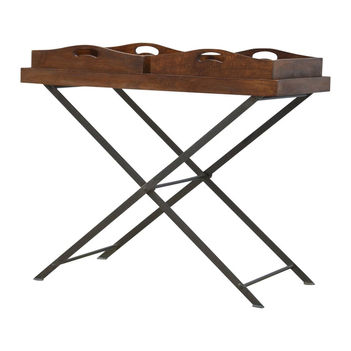 Industrial Metal Butler Tray in Solid Mango Wood - product view 2 showing handcrafted solid mango wood furniture