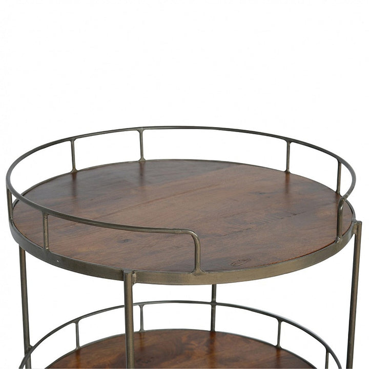 Industrial Round Butler Tray Table - Solid Mango Wood Butler Tray for Living Room - product view 6 showing handcrafted...