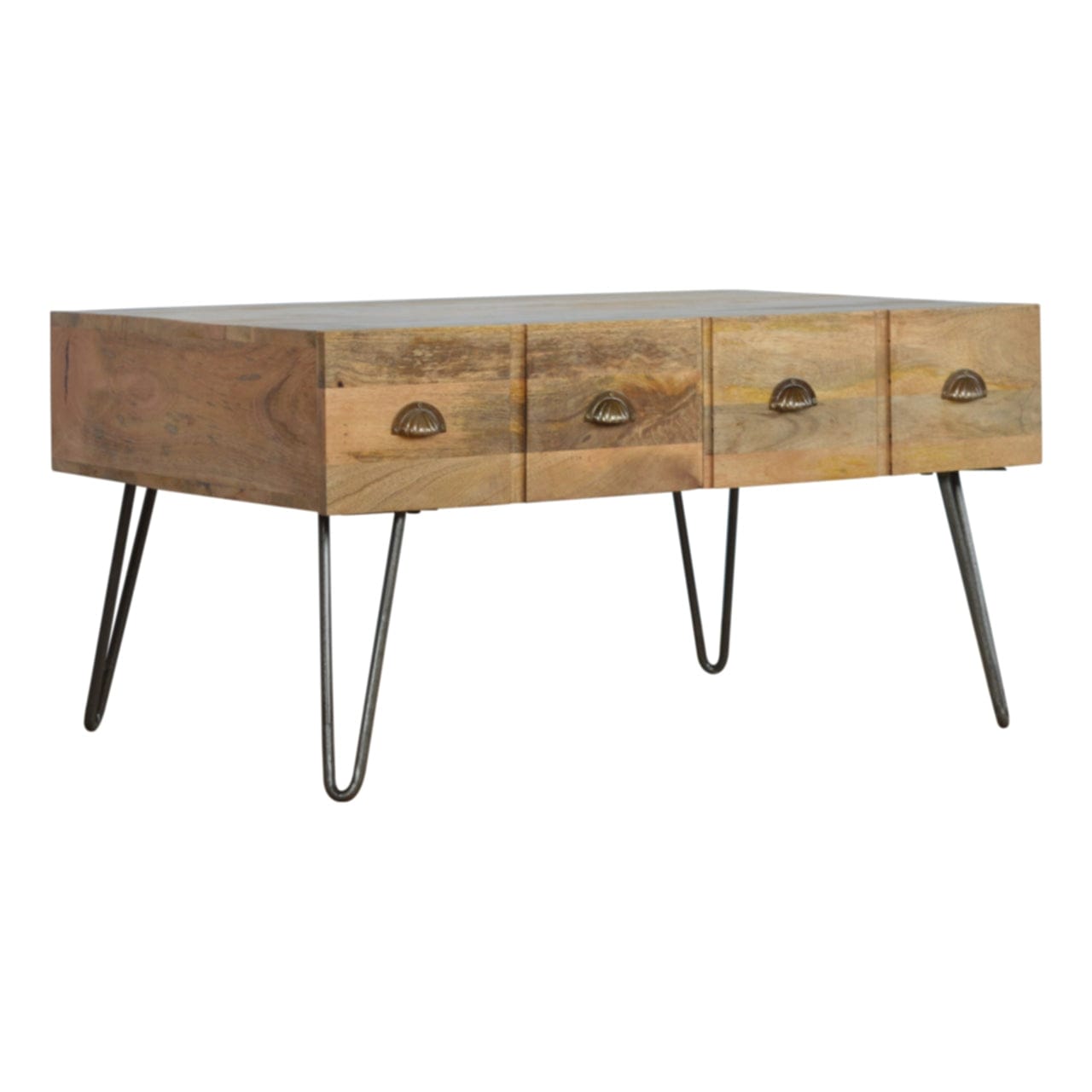 Iron Base Coffee Table - Solid Mango Wood Center Table for Living Room - main view showing handcrafted solid mango wood...