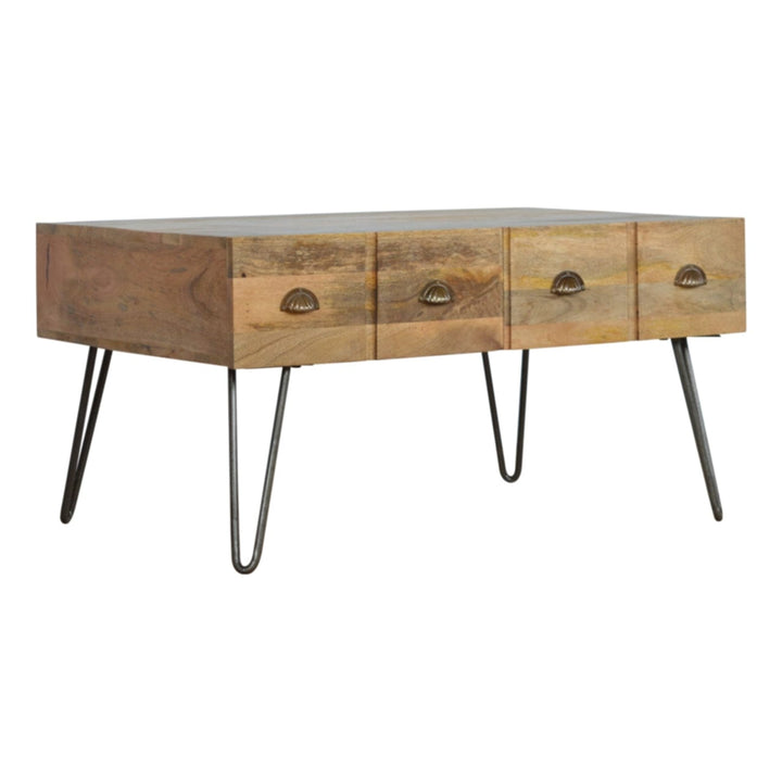 Iron Base Coffee Table - Solid Mango Wood Center Table for Living Room - main view showing handcrafted solid mango wood...