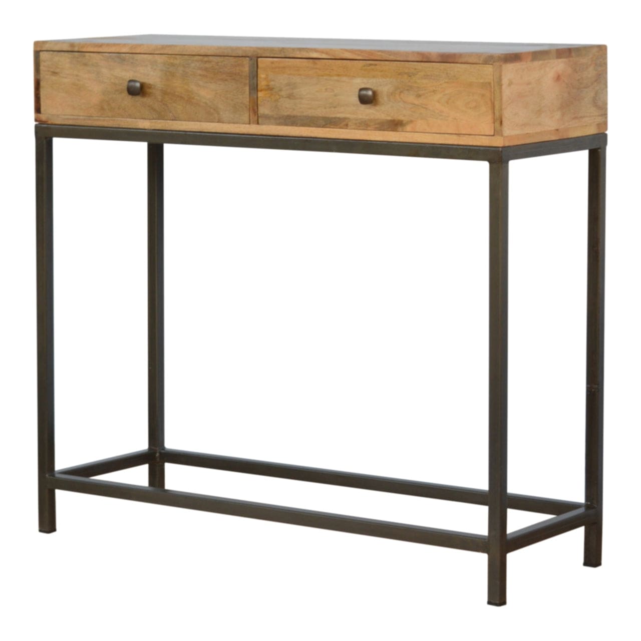 Iron Base Console Table - Solid Mango Wood Hallway Console for Entryway - product view 2 showing handcrafted solid mango...