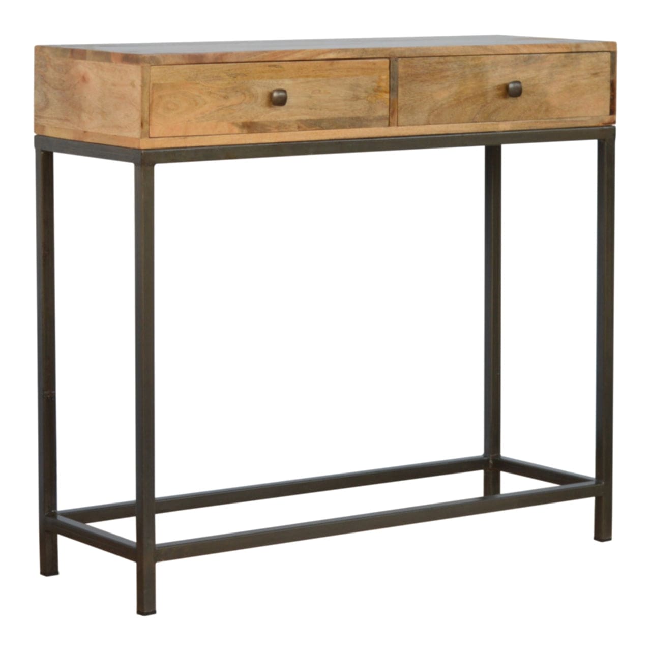 Iron Base Console Table - Solid Mango Wood Hallway Console for Entryway - main view showing handcrafted solid mango wood...