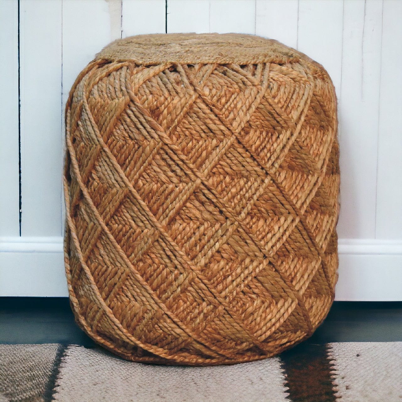 Jute Fibre Footstool - Solid Mango Wood Accent Stool for Living Room - product view 7 showing handcrafted solid mango...