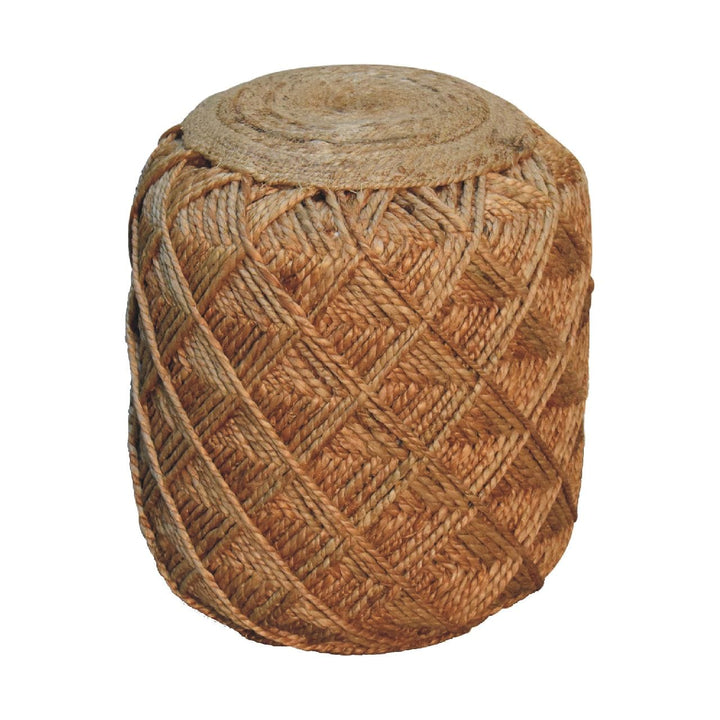 Jute Fibre Footstool - Solid Mango Wood Accent Stool for Living Room - product view 2 showing handcrafted solid mango...