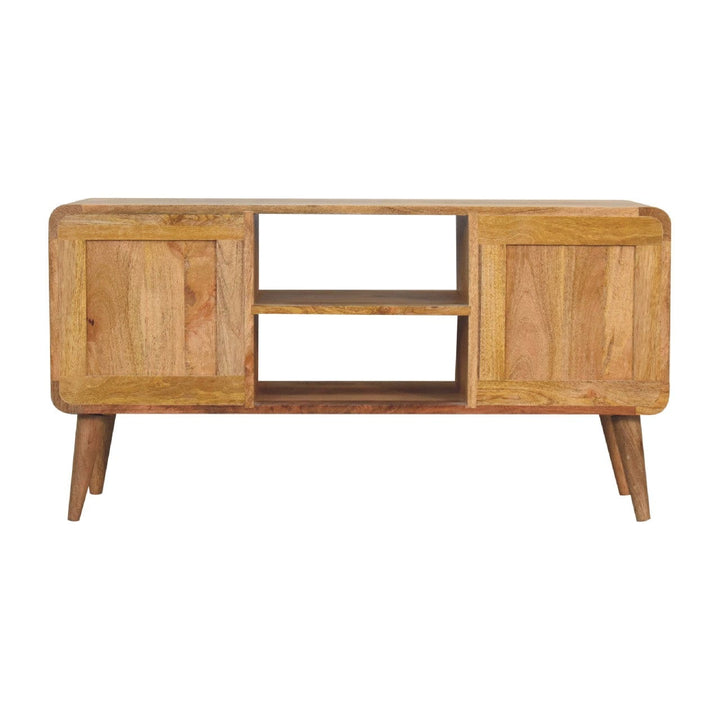 Larrisa Woven TV Stand - Solid Mango Wood Entertainment Center for Living Room - product view 8 showing handcrafted solid...