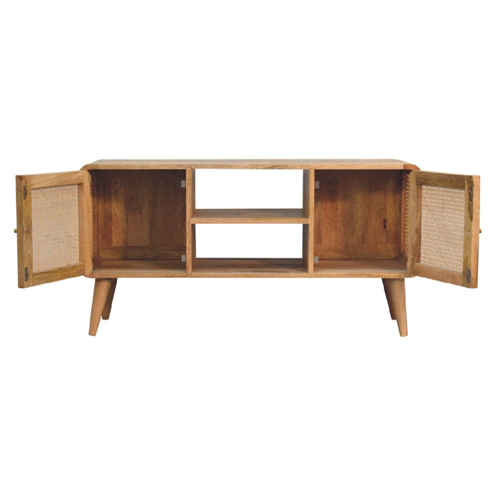 Larrisa Woven TV Stand - Solid Mango Wood Entertainment Center for Living Room - product view 3 showing handcrafted solid...
