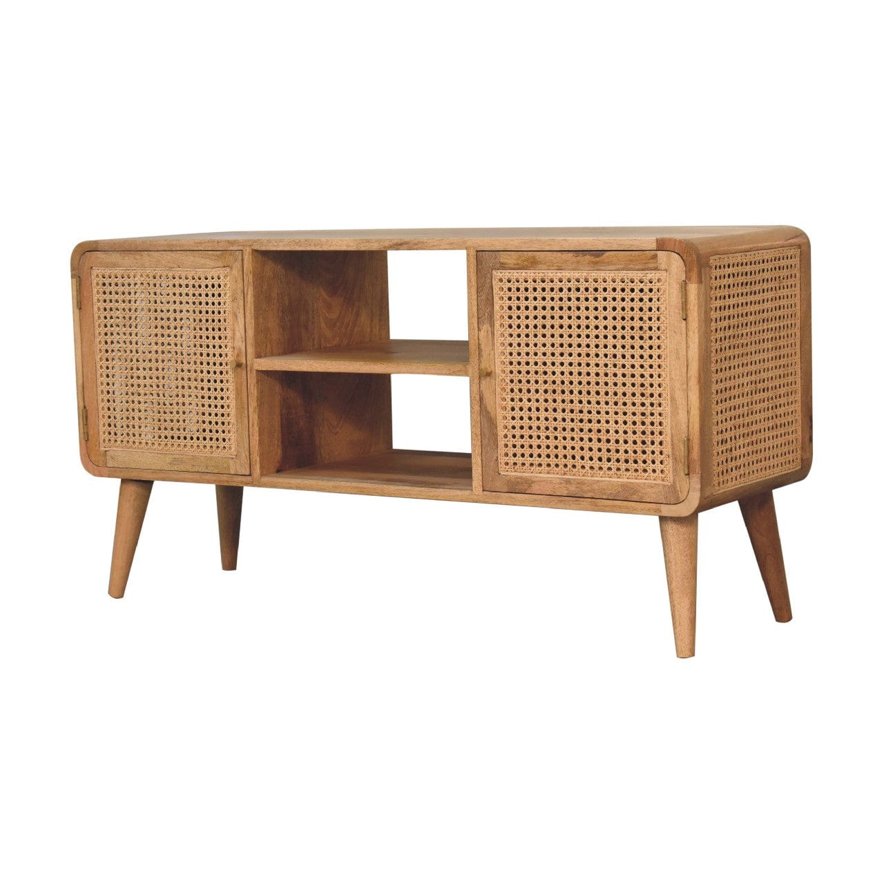Larrisa Woven TV Stand - Solid Mango Wood Entertainment Center for Living Room - product view 2 showing handcrafted solid...