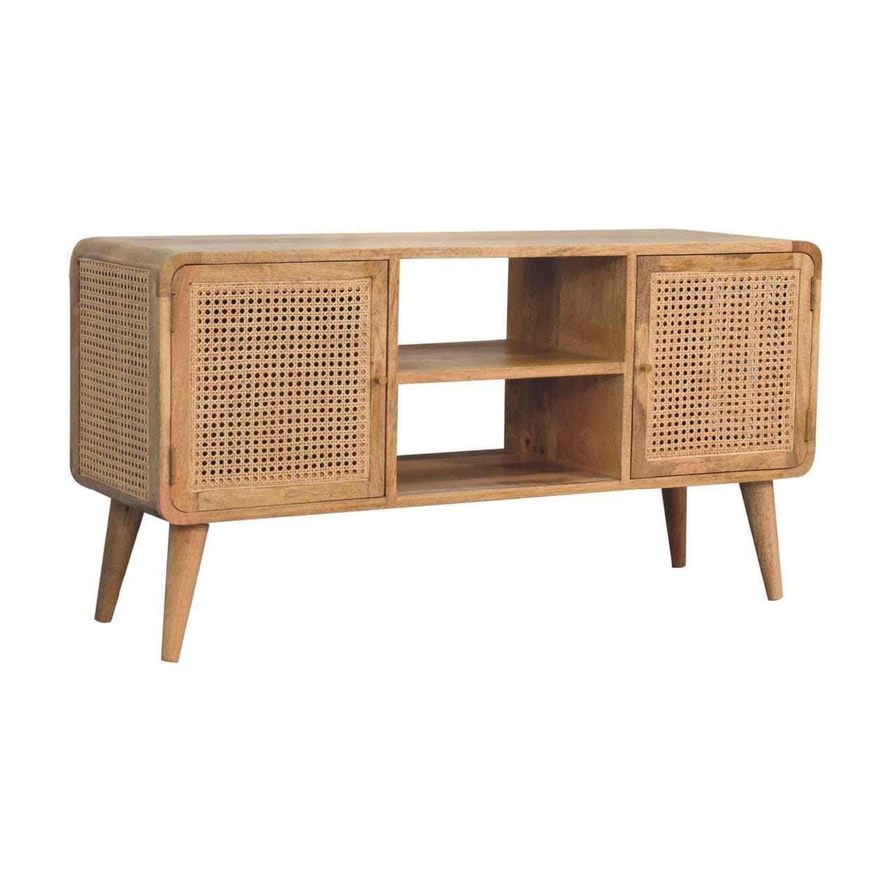 Larrisa Woven TV Stand - Solid Mango Wood Entertainment Center for Living Room - main view showing handcrafted solid...