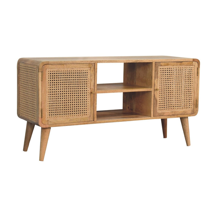 Larrisa Woven TV Stand - Solid Mango Wood Entertainment Center for Living Room - main view showing handcrafted solid...