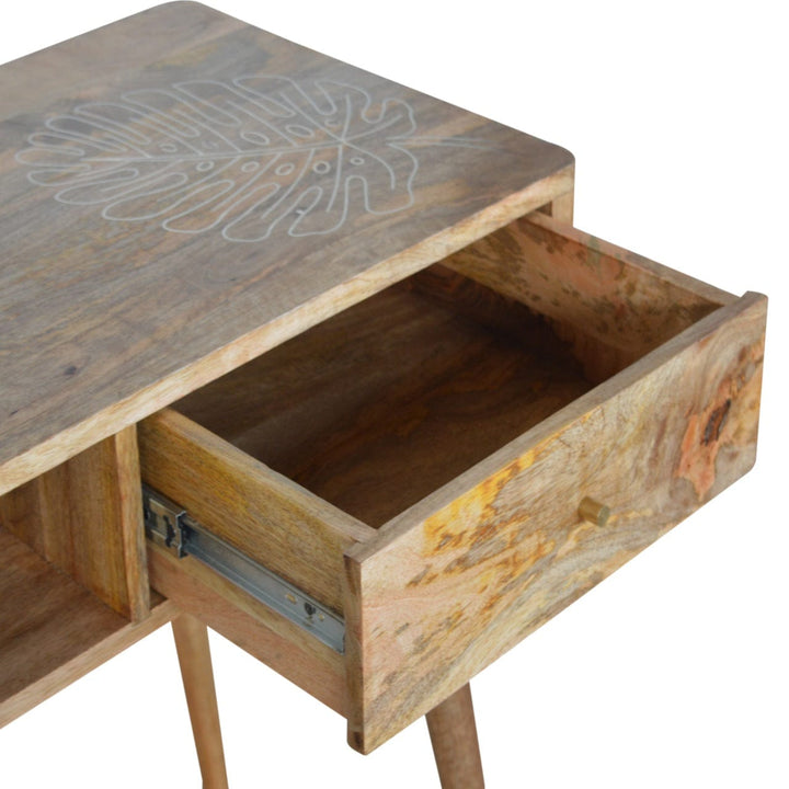 Leaf Embossed Writing Desk - Solid Mango Wood Writing Table for Home Office - product view 5 showing handcrafted solid...