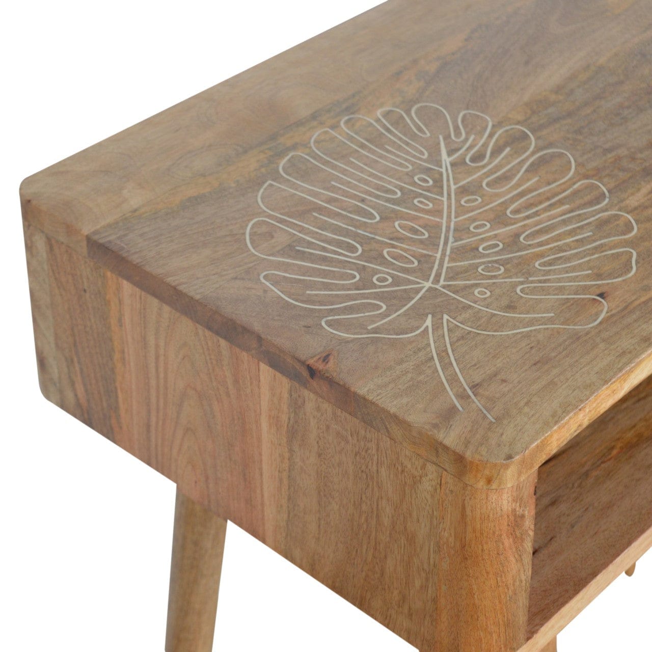 Leaf Embossed Writing Desk - Solid Mango Wood Writing Table for Home Office - product view 3 showing handcrafted solid...