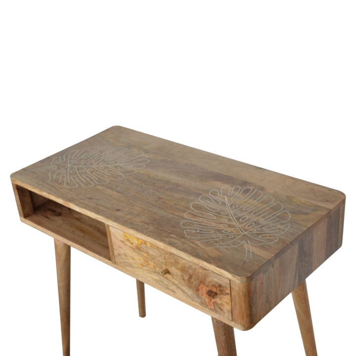 Leaf Embossed Writing Desk - Solid Mango Wood Writing Table for Home Office - product view 2 showing handcrafted solid...