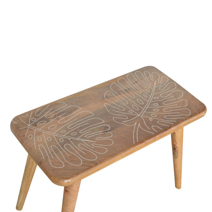 Leaf Resin Print Bench - Solid Mango Wood Seating Furniture for Entryway - product view 7 showing handcrafted solid mango...