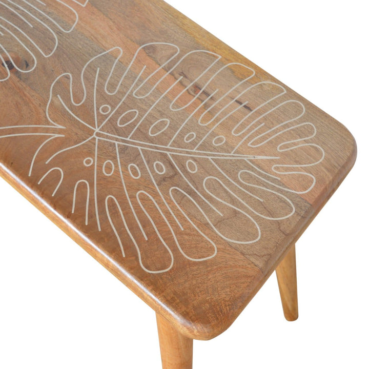 Leaf Resin Print Bench - Solid Mango Wood Seating Furniture for Entryway - product view 4 showing handcrafted solid mango...