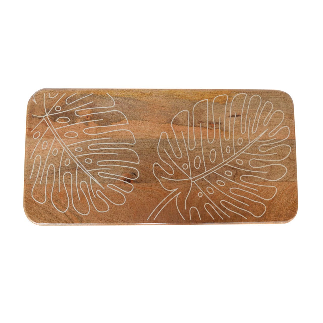 Leaf Resin Print Bench - Solid Mango Wood Seating Furniture for Entryway - product view 3 showing handcrafted solid mango...