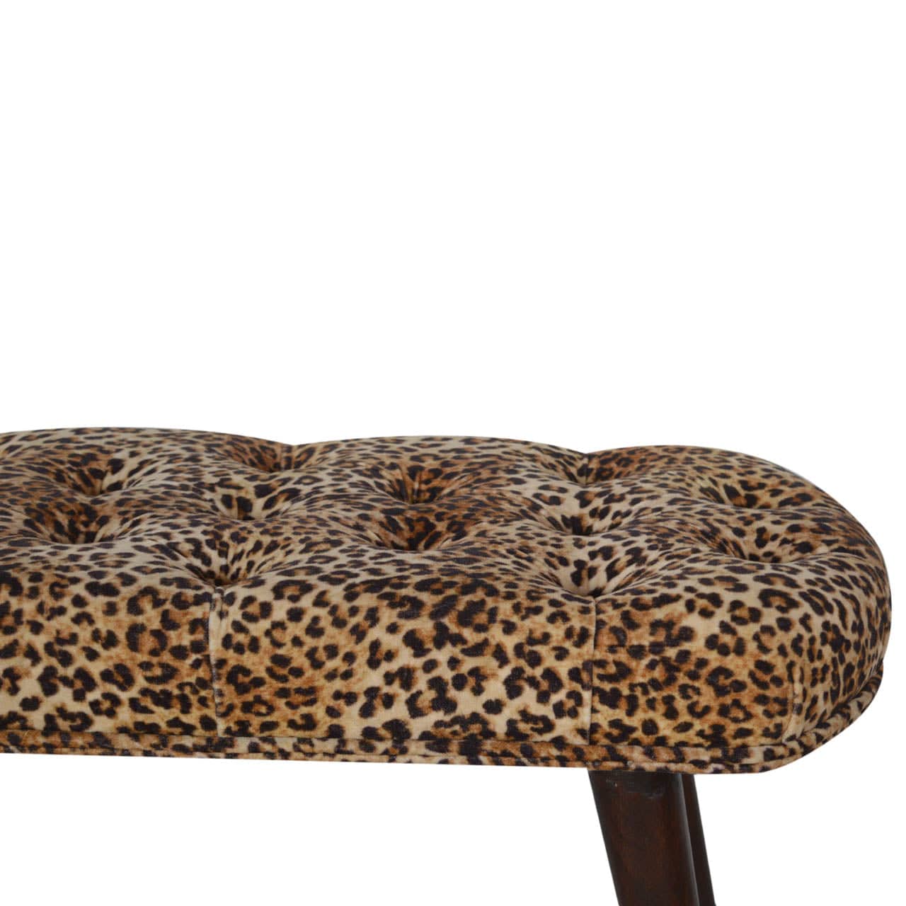 Leopard Print Deep Button Bench - Solid Mango Wood Seating Furniture for Entryway - product view 6 showing handcrafted...
