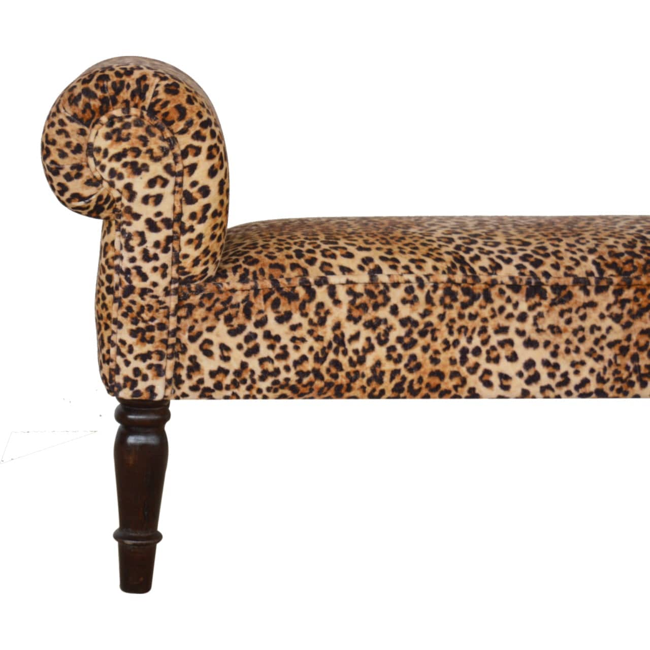 Leopard Print Velvet Bench - Solid Mango Wood Seating Furniture for Entryway - product view 4 showing handcrafted solid...