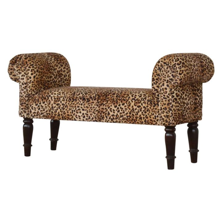 Leopard Print Velvet Bench - Solid Mango Wood Seating Furniture for Entryway - product view 3 showing handcrafted solid...
