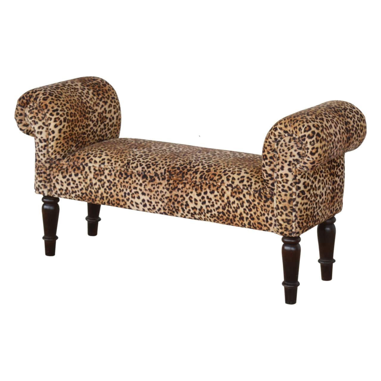 Leopard Print Velvet Bench - Solid Mango Wood Seating Furniture for Entryway - product view 2 showing handcrafted solid...