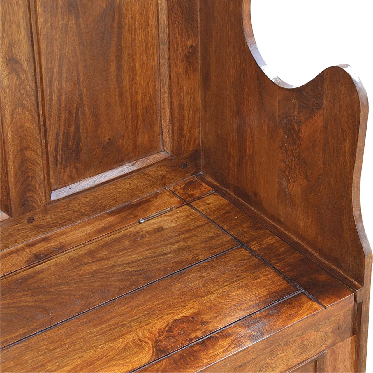 Lid up County Style Monks Bench - Solid Mango Wood Seating Furniture for Entryway - product view 5 showing handcrafted...