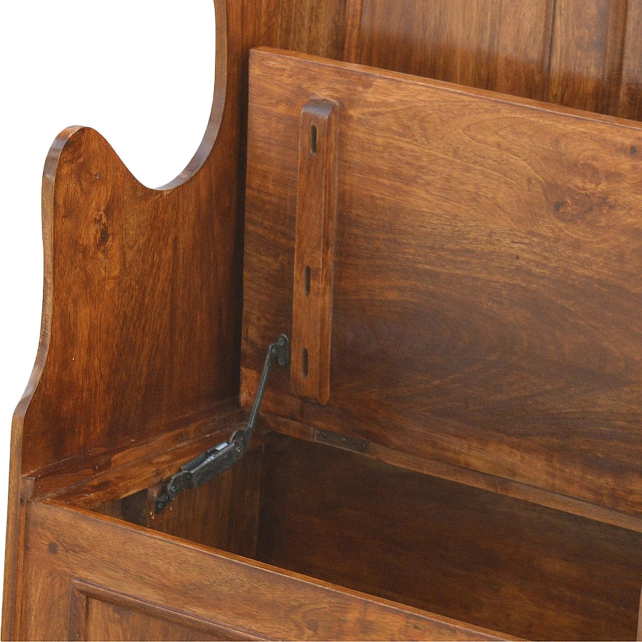 Lid up County Style Monks Bench - Solid Mango Wood Seating Furniture for Entryway - product view 3 showing handcrafted...