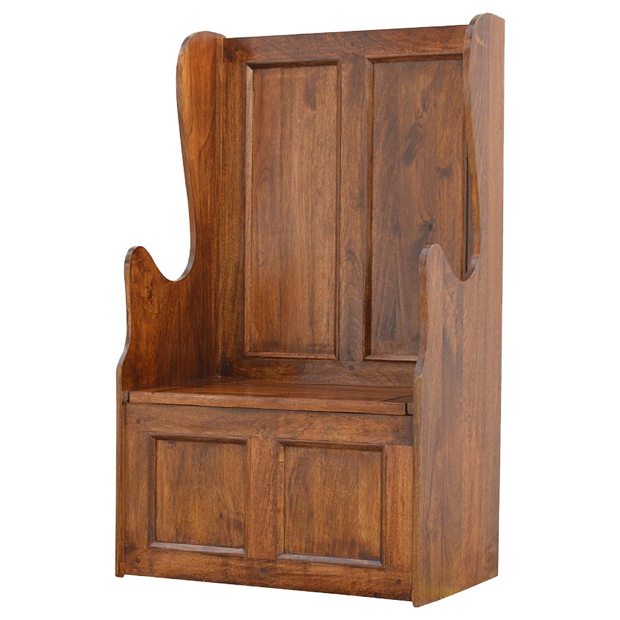 Lid up County Style Monks Bench - Solid Mango Wood Seating Furniture for Entryway - product view 2 showing handcrafted...