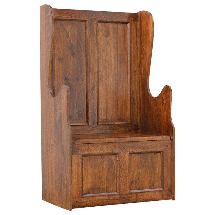 Lid up County Style Monks Bench - Solid Mango Wood Seating Furniture for Entryway - main view showing handcrafted solid...