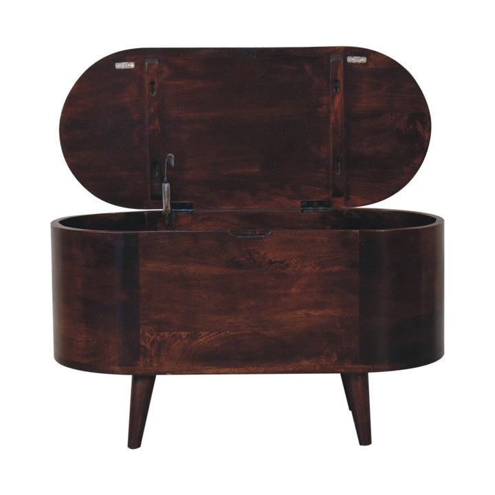 Light Walnut Rounded Lid-up Blanket Box - Solid Mango Wood Storage Trunk for Bedroom - product view 2 showing handcrafted...