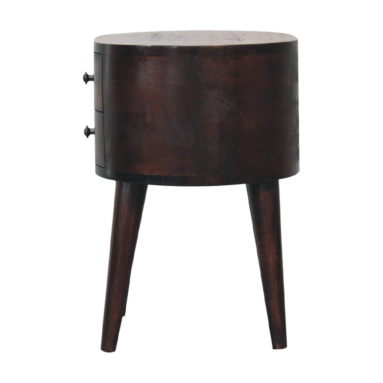 Light Walnut Rounded Nightstand - Solid Mango Wood Bedside Table for Bedroom - product view 8 showing handcrafted solid...