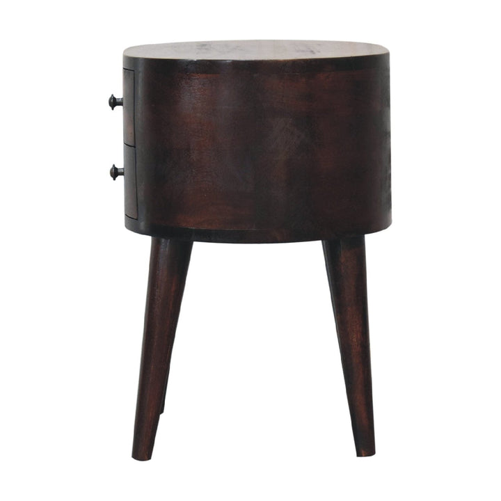 Light Walnut Rounded Nightstand - Solid Mango Wood Bedside Table for Bedroom - product view 8 showing handcrafted solid...