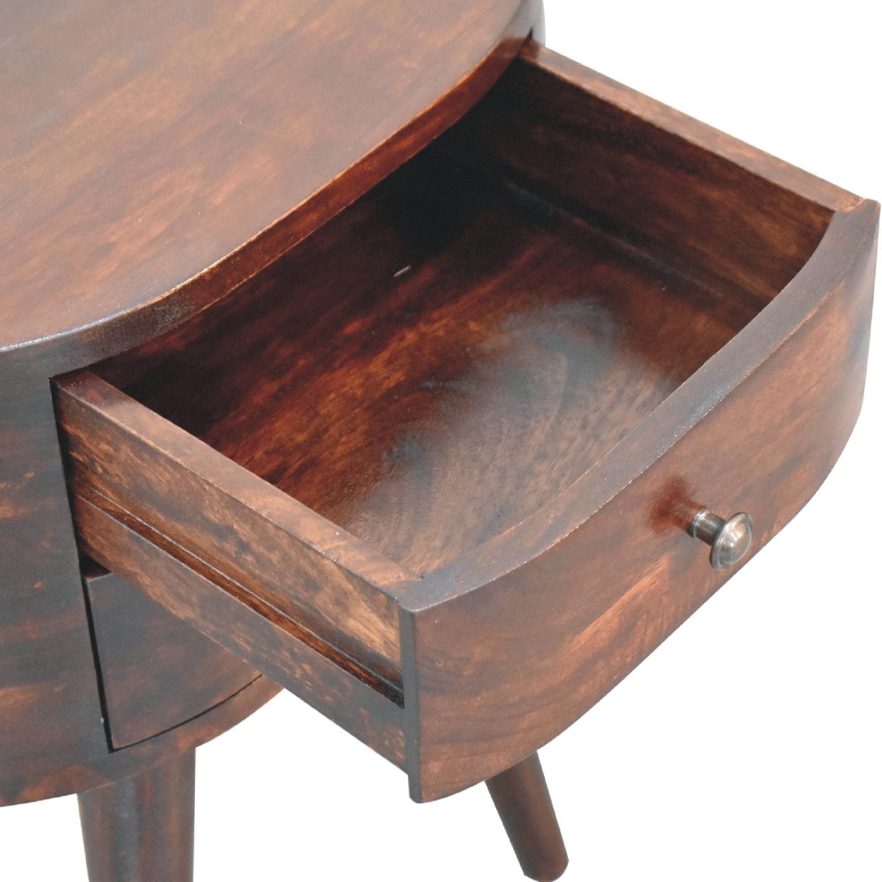 Light Walnut Rounded Nightstand - Solid Mango Wood Bedside Table for Bedroom - product view 7 showing handcrafted solid...