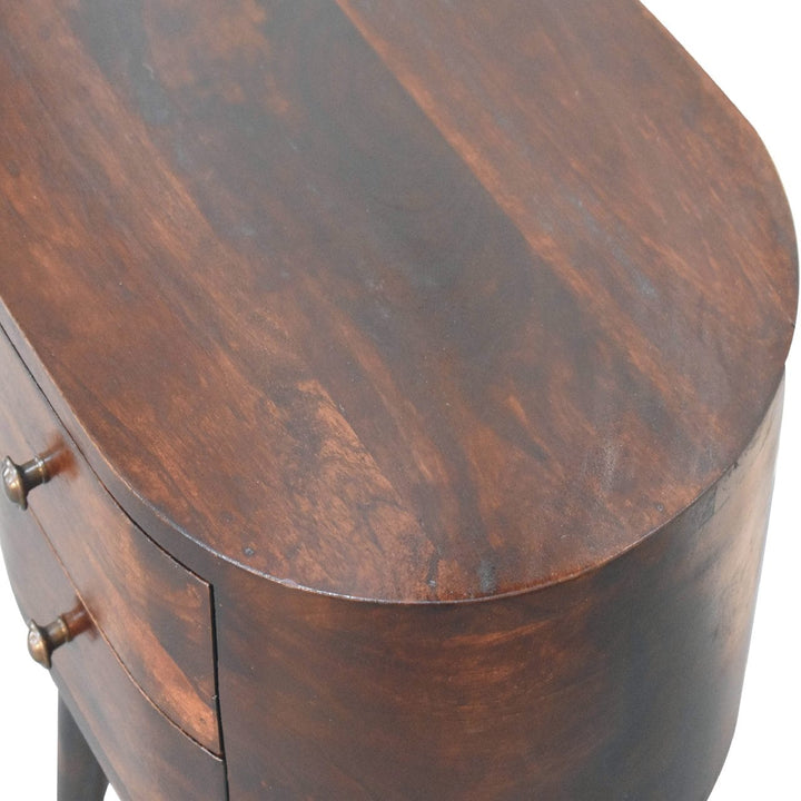 Light Walnut Rounded Nightstand - Solid Mango Wood Bedside Table for Bedroom - product view 6 showing handcrafted solid...