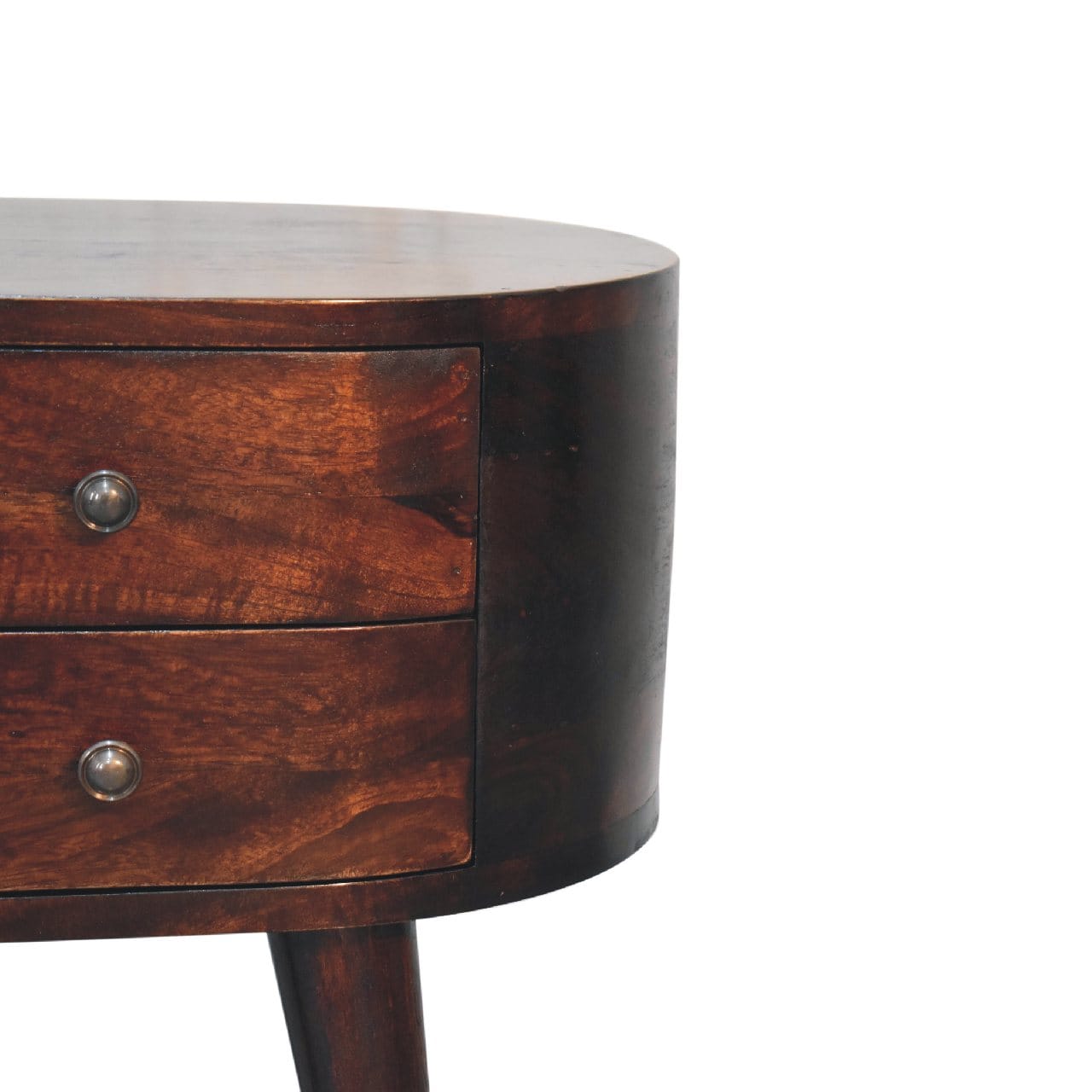 Light Walnut Rounded Nightstand - Solid Mango Wood Bedside Table for Bedroom - product view 5 showing handcrafted solid...