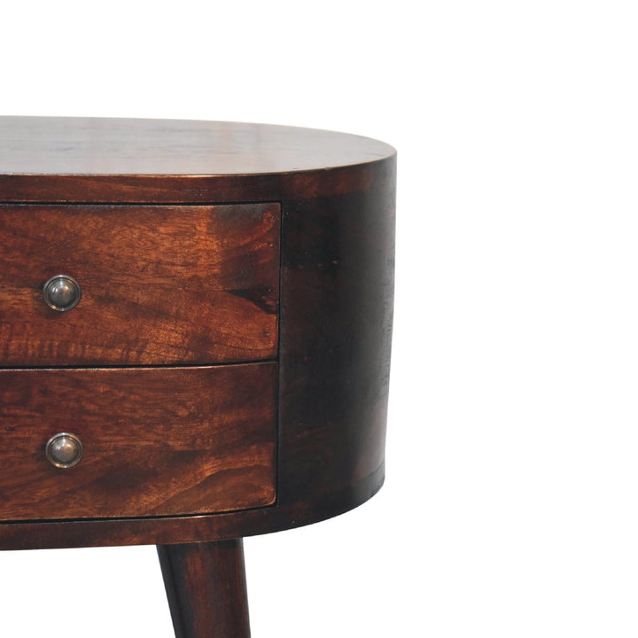 Light Walnut Rounded Nightstand - Solid Mango Wood Bedside Table for Bedroom - product view 5 showing handcrafted solid...