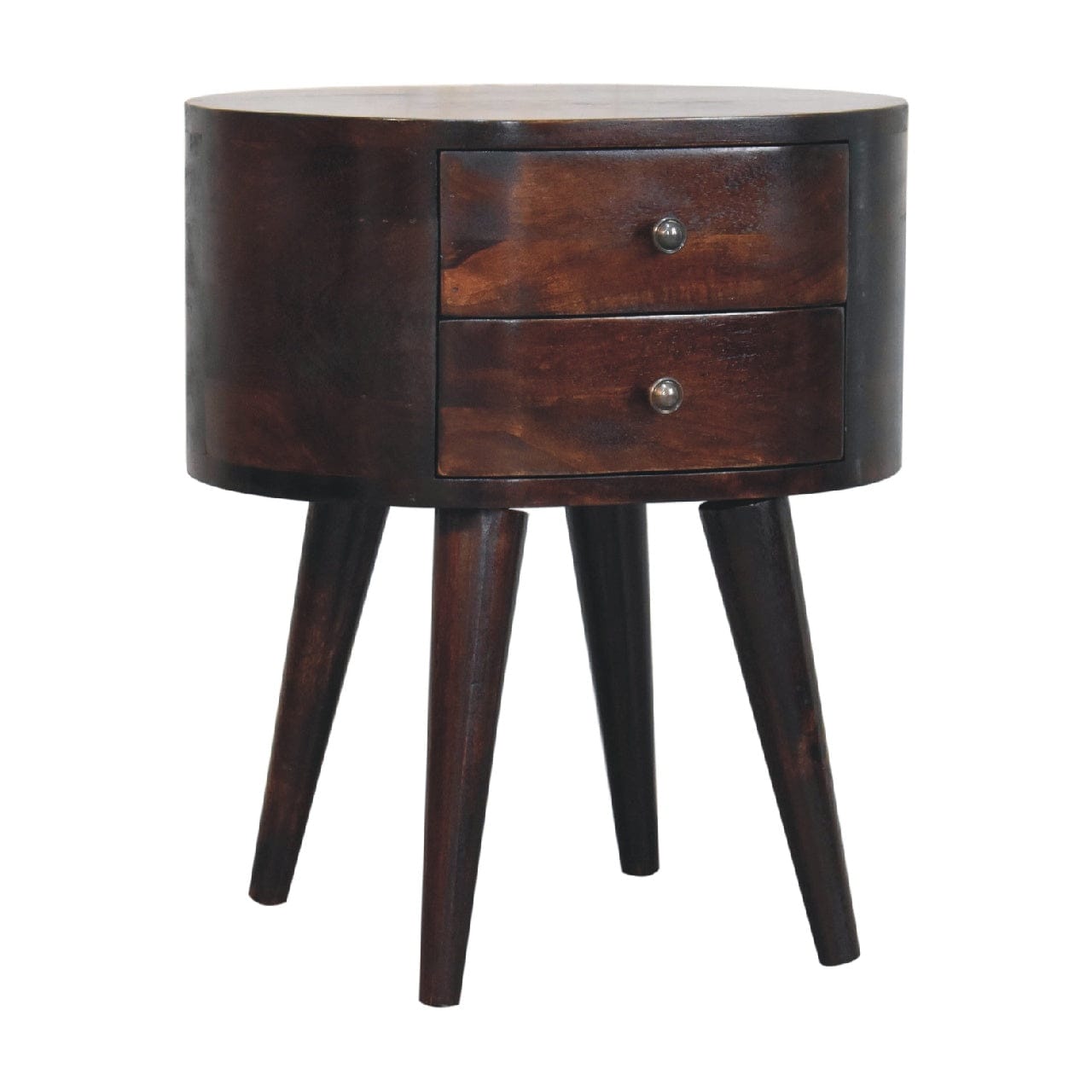 Light Walnut Rounded Nightstand - Solid Mango Wood Bedside Table for Bedroom - product view 4 showing handcrafted solid...