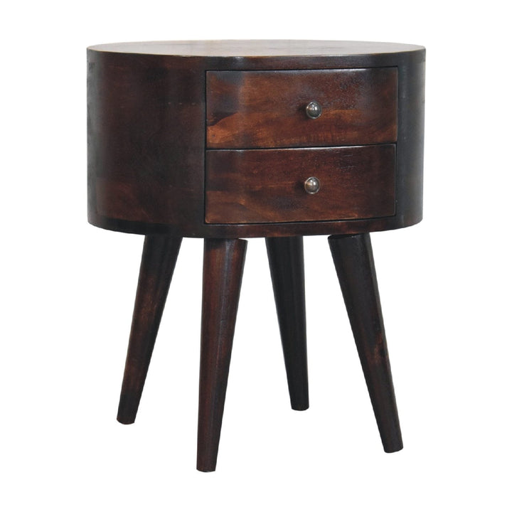 Light Walnut Rounded Nightstand - Solid Mango Wood Bedside Table for Bedroom - product view 4 showing handcrafted solid...